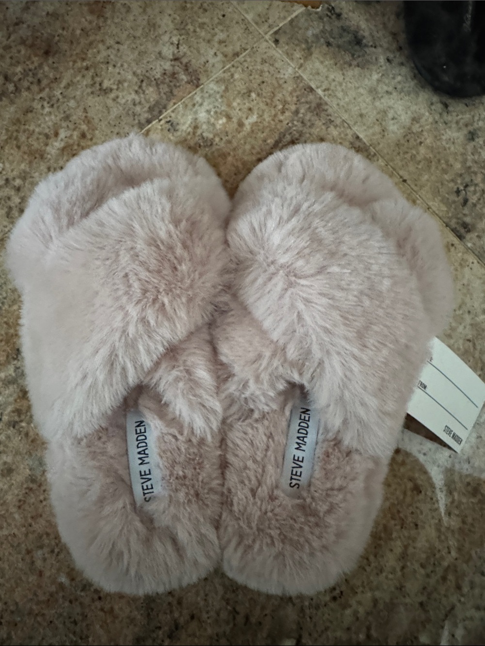 Steve Madden Plush Faux-Fur Crossband Slide Slippers - Blush